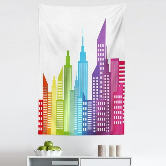 City Tapestry, Colorful City Skyline Abstract Skyscraper Silhouettes Geometric Arrangement American, Fabric Wall Hanging Decor for Bedroom Living Room Dorm, 5 Sizes, Multicolor, by Ambesonne