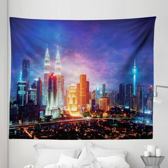 City Tapestry, Downtown Colorful Night Scene of Big Buildings Kuala Lumpur Malaysia, Fabric Wall Hanging Decor for Bedroom Living Room Dorm, 5 Sizes, Blue Violet and Multicolor, by Ambesonne