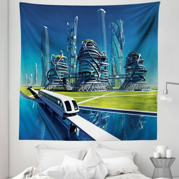 City Tapestry, Futuristic Town Surreal Buildings Train and Lake Illustration Print, Fabric Wall Hanging Decor for Bedroom Living Room Dorm, 5 Sizes, Lime Green and Dark Sky Blue, by Ambesonne