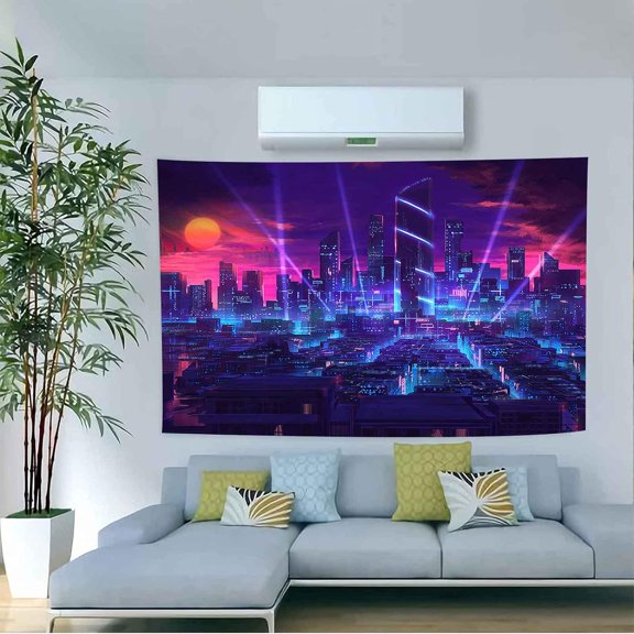 City Tapestry Japanese Futuristic Punk Style Colorful Neon Fantasy Fashion Music Urban Aesthetics Art Wall Hanging Flannel 40"L x 30"W Tapestries for Bedroom Living Room