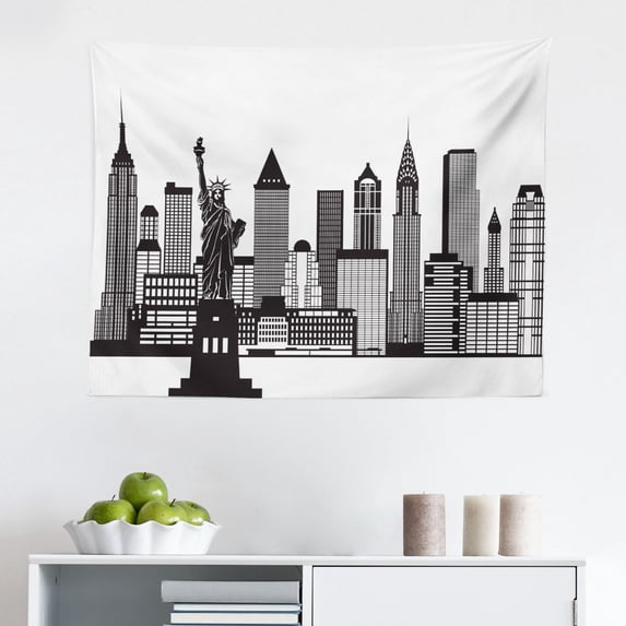 City Tapestry, Monochrome Design Historic Street of European Town with Nostalgic Buildings, Fabric Wall Hanging Decor for Bedroom Living Room Dorm, 2 Sizes, Dust White, by Ambesonne
