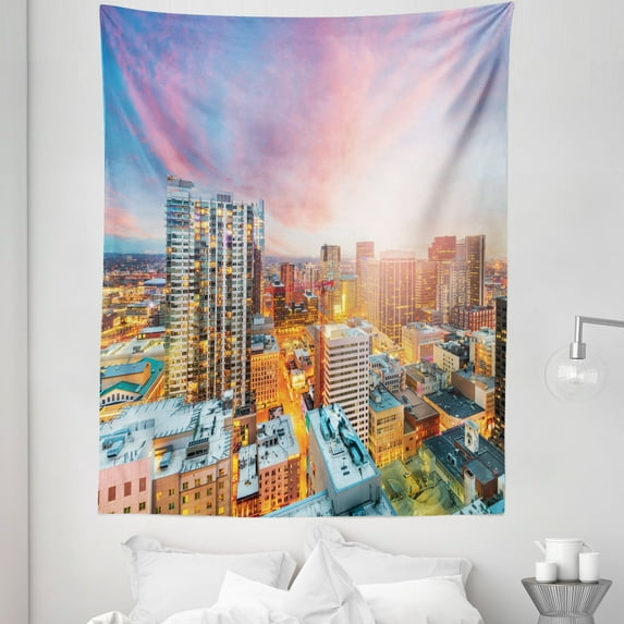 City Tapestry, Pastel Sky and Denver Colorado USA Scenery Modern Urban Downtown Dusk Morning, Fabric Wall Hanging Decor for Bedroom Living Room Dorm, 5 Sizes, Blush Multicolor, by Ambesonne