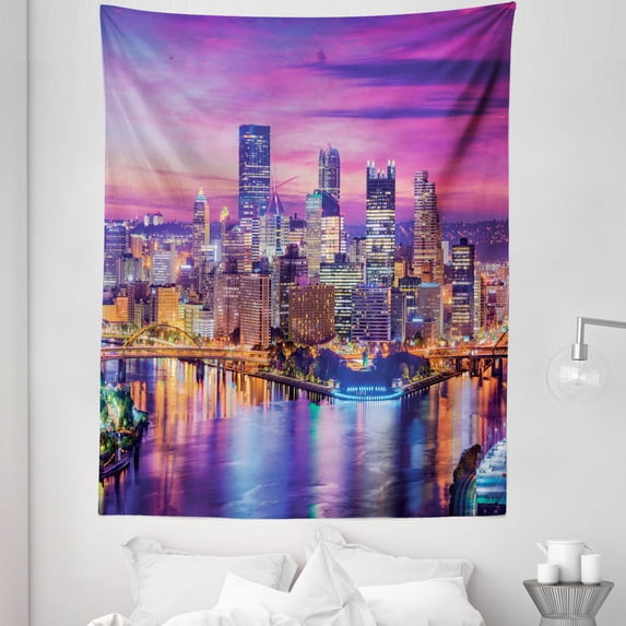 City Tapestry, Pennsylvania Aerial Scenery Urban Colorful Evening USA Skyline River Buildings, Fabric Wall Hanging Decor for Bedroom Living Room Dorm, 5 Sizes, Purple Multicolor, by Ambesonne