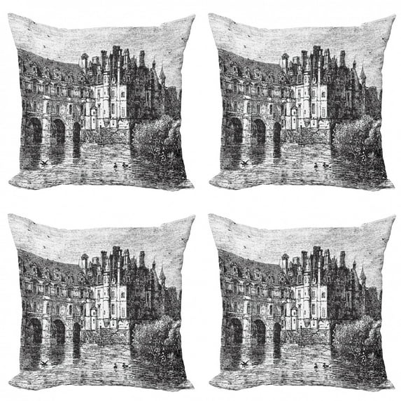 City Throw Pillow Cushion Case Pack of 4, Antique Engraved Illustration of Chenonceau Castle in France Vintage Image, Modern Accent Double-Sided Print, 4 Sizes, Charcoal Grey White, by Ambesonne