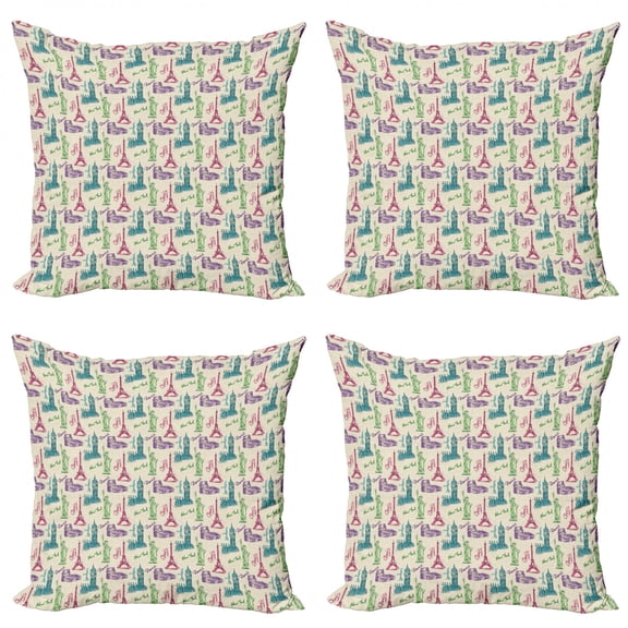 Ambesonne City Throw Pillow Cover 4 Pack, Colosseum Big Ben Tourist, 20", Multicolor