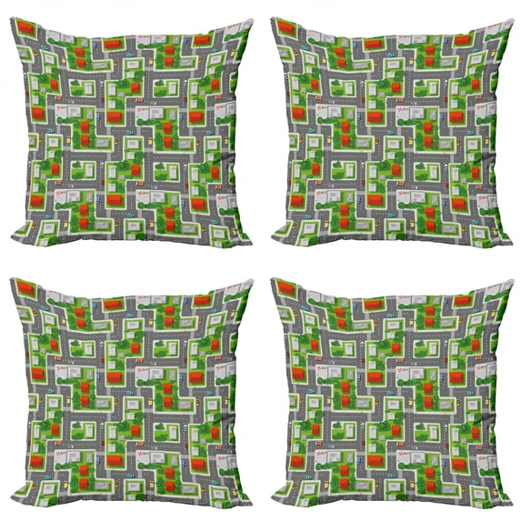 Ambesonne City Throw Pillow Cover 4 Pack, Birds Eye View Map Design, 16", Multicolor