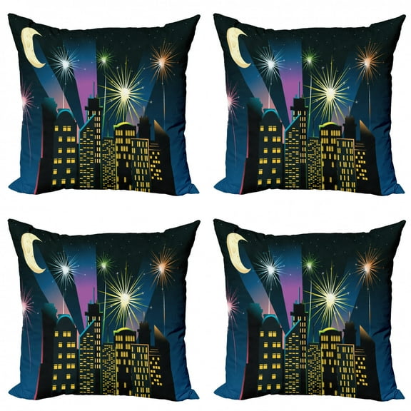 City Throw Pillow Cushion Case Pack of 4, Fireworks Illustration in the City in the Nighttime Busy and Alive Celebrations, Modern Accent Double-Sided Print, 4 Sizes, Multicolor, by Ambesonne
