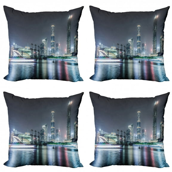 City Throw Pillow Cushion Case Pack of 4, Nightfall Scenery of Guangzhou Downtown China Landscape Modern Architecture Exploring, Modern Accent Double-Sided Print, 4 Sizes, Multicolor, by Ambesonne