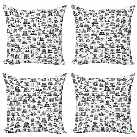 Ambesonne City Throw Pillow Cover 4 Pack, Village Houses Doodle Town, 20", Black White