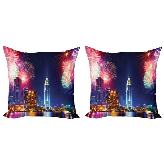 Ambesonne City Throw Pillow Cover 2 Pack, Fireworks in Ho Chi Minh City, 16", Multicolor