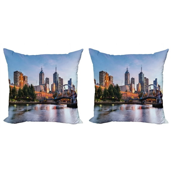 Ambesonne City Throw Pillow Cover 2 Pack, Morning Australia River, 18", Orange Green Pale Blue