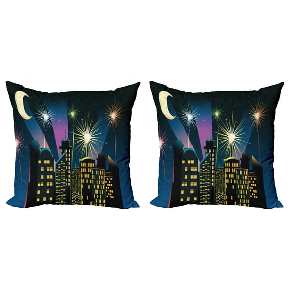 City Throw Pillow Cushion Cover Pack of 2, Fireworks Illustration in the City in the Nighttime Busy and Alive Celebrations, Zippered Double-Side Digital Print, 4 Sizes, Multicolor, by Ambesonne