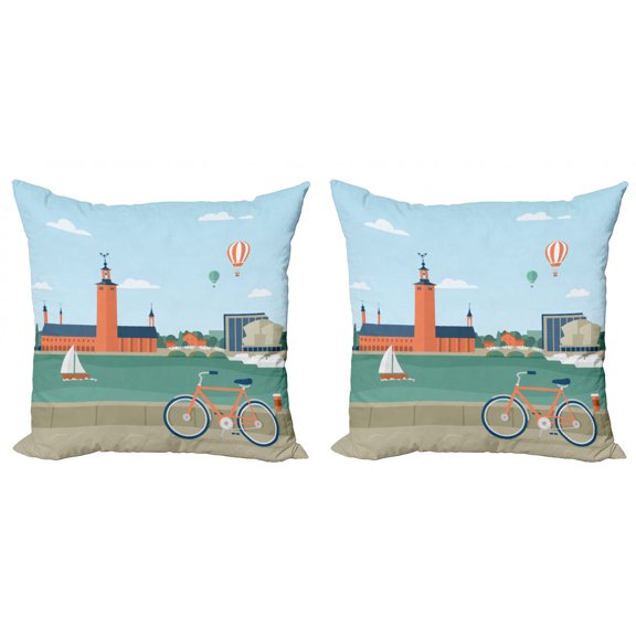 Ambesonne City Throw Pillow Cover 2 Pack, Stockholm Sweden Bicycle, 24", Multicolor