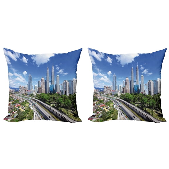 Ambesonne City Throw Pillow Cover 2 Pack, Kuala Lumpur in Clear Day, 20", Pale Grey Blue Green