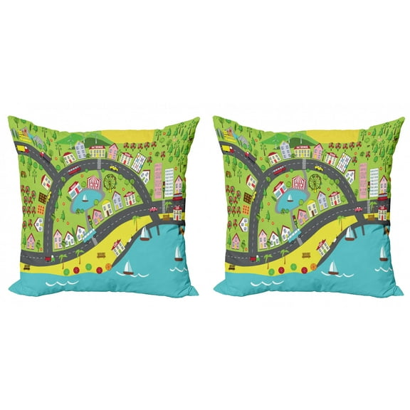 Ambesonne City Throw Pillow Cover 2 Pack, Landscape of Urban and Suburbs, 24", Multicolor