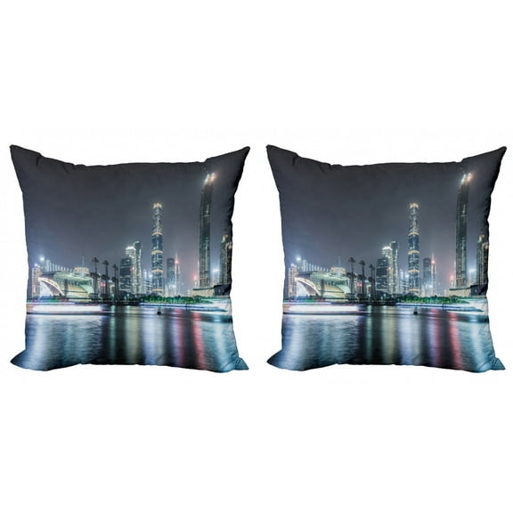 City Throw Pillow Cushion Cover Pack of 2, Nightfall Scenery of Guangzhou Downtown China Landscape Modern Architecture Exploring, Zippered Double-Side Digital Print, 4 Sizes, Multicolor, by Ambesonne