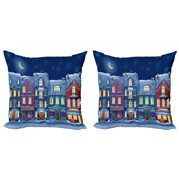 Ambesonne City Throw Pillow Cover 2 Pack, Adjacent Houses Winter Night, 20", Multicolor