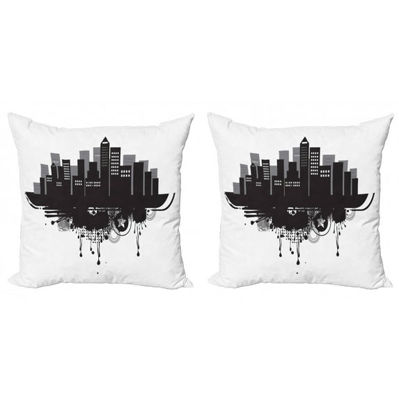 Ambesonne City Throw Pillow Cover 2 Pack, Buildings View Paint Drops, 24", White and Charcoal Grey