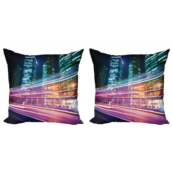 City Throw Pillow Cushion Cover Pack of 2, Slow Shutter Speed Photography Modern Architecture High Buildings Shanghai China Life, Zippered Double-Side Digital Print, 4 Sizes, Multicolor, by Ambesonne