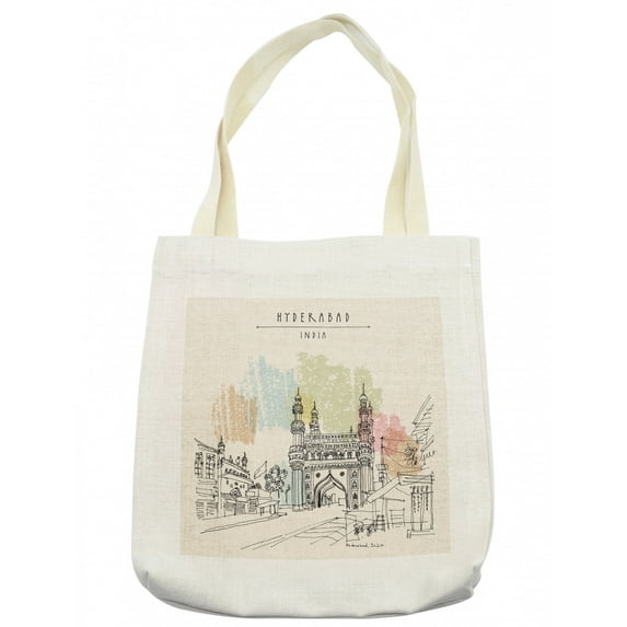 City Tote Bag, Hyderabad Famous Place Charminar Vintage Hand Drawing, Cloth Linen Reusable Bag for Shopping Books Beach and More, 16.5" X 14", Cream, by Ambesonne
