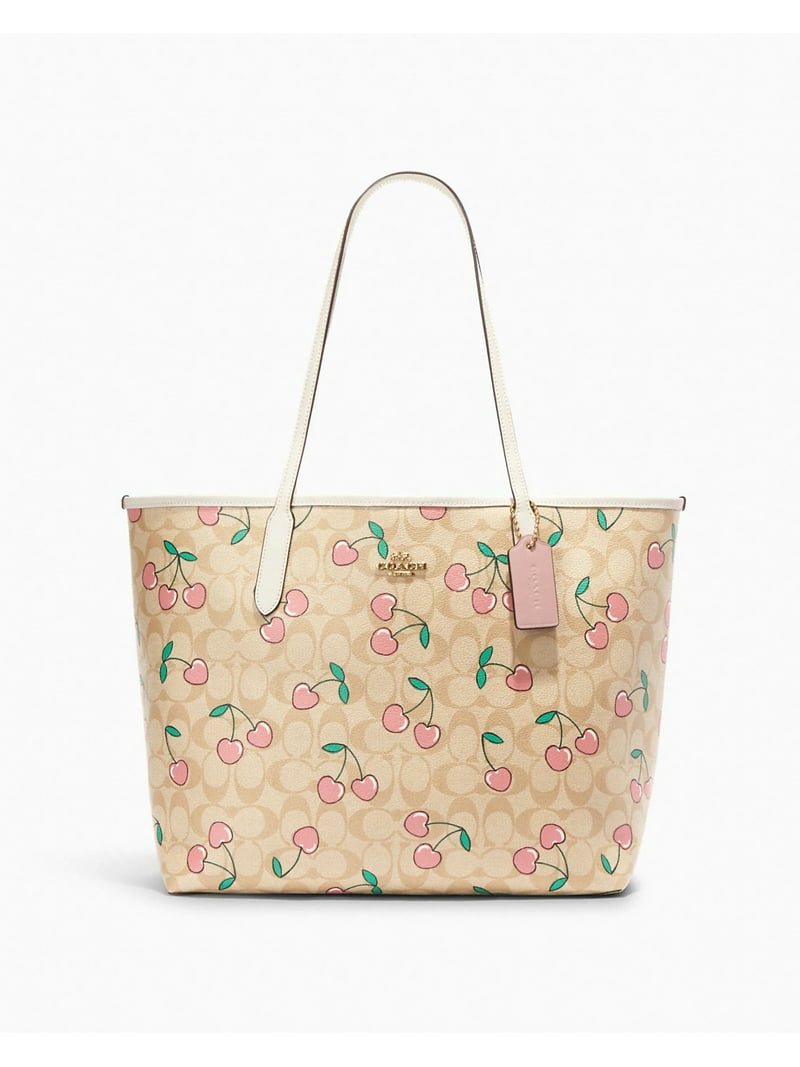 City Tote In Signature Canvas With Heart Cherry Print (Light Khaki