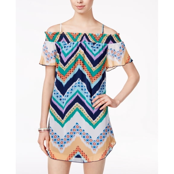 City Triangles Juniors Printed Off The Shoulder Chiffon Dress Navy Green M