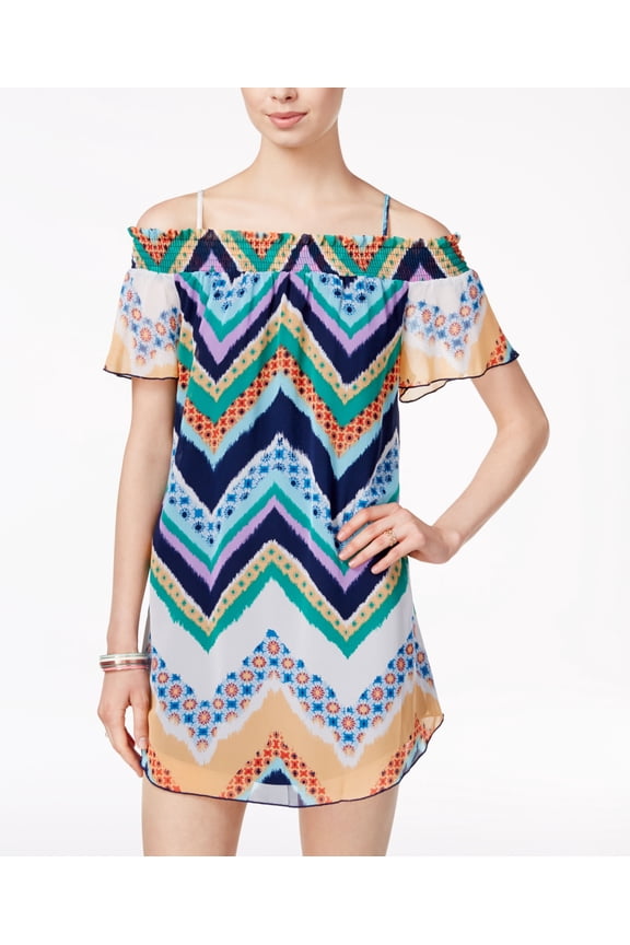 Juniors Printed Off The Shoulder Chiffon Dress Navy Green M