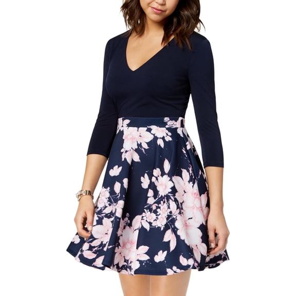 City Triangles Womens Juniors Floral Print Fit & Flare Mini Dress Navy 7