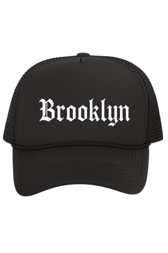City Trucker Hat Old English Font – Snapback Adjustable Cap for Men & Women, Brooklyn