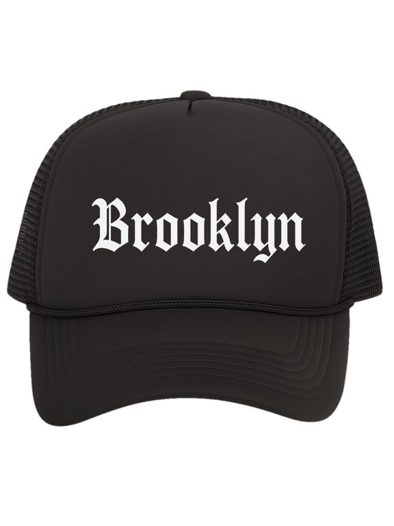 City Trucker Hat Old English Font – Snapback Adjustable Cap for Men & Women, Brooklyn