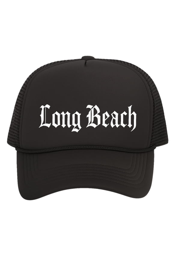 City Trucker Hat Old English Font – Snapback Adjustable Cap for Men & Women, Long Beach