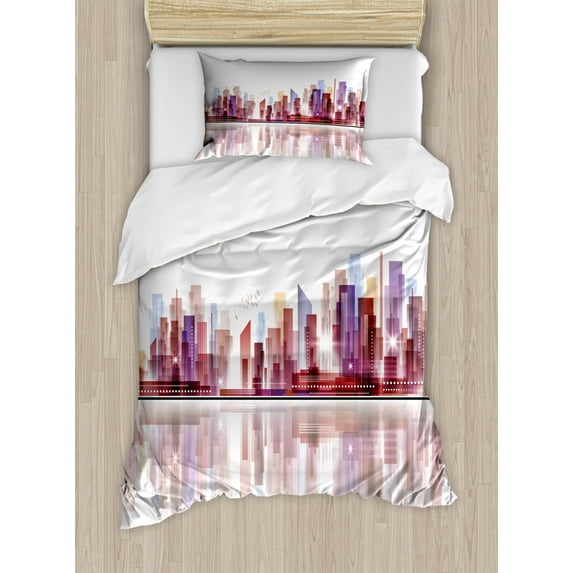 City Twin Size Duvet Cover Set, Landscape Modern Skyscrapers Metropolitan Silhouette Illustration Abstract Composition, Decorative 2 Piece Bedding Set with 1 Pillow Sham, Multicolor, by Ambesonne