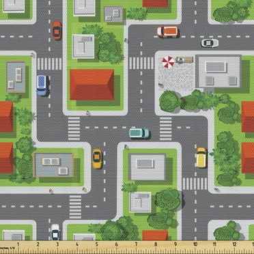 Ambesonne City Fabric by the Yard Upholstery, Birds Eye View Map Design, 1 Yard, Multicolor