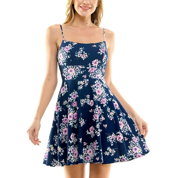 City Vibe Juniors' Floral-Print Lace-Back Dress, Size 1, Navy/pink