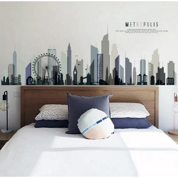 City Wall Sticker, Large Wall Decal Living Room, Black Wall Decals, Vinyl Decal, City Skyline Wall Decal for Bed Room, Kids Room, Office, 80 x 29 inch