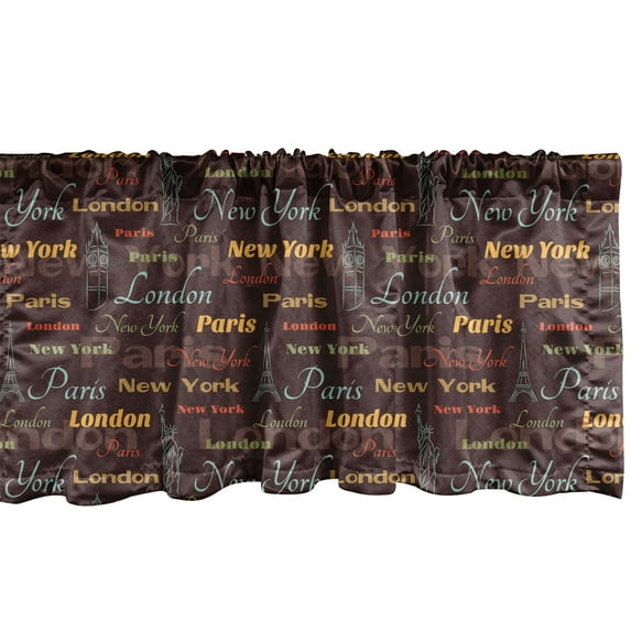 City Window Valance Pack of 2, Famous Places of World London Paris New York Big Ben of Liberty Eiffel Tower, Rod Pocket Curtain Valances for Kitchen Bedroom, 54" X 18", Multicolor, by Ambesonne