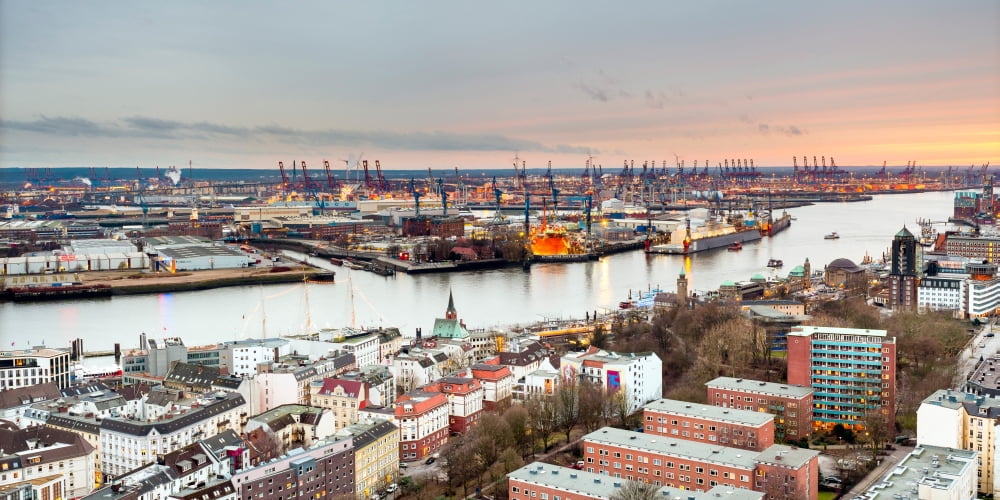 City at the waterfront Elbe River Hamburg Germany Canvas Art - Panoramic Images (12 x 36)