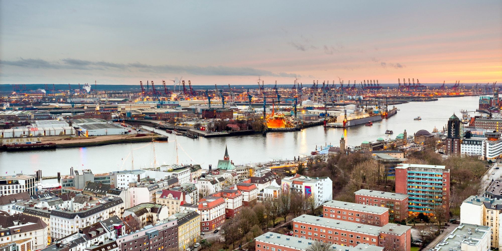 City at the waterfront Elbe River Hamburg Germany Canvas Art - Panoramic Images (9 x 27)