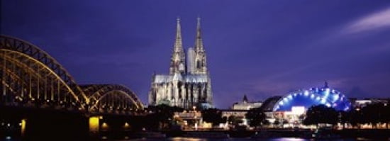 City at dusk Musical Dome Cologne Cathedral Hohenzollern Bridge Rhine River Cologne North Rhine Westphalia Germany Canvas Art - Panoramic Images (36 x 13)