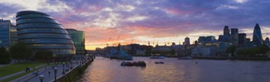 City hall with office buildings at sunset Thames River London England Canvas Art - Panoramic Images (38 x 12)
