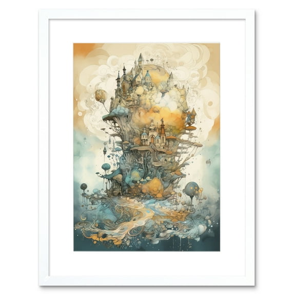City in the Clouds Pastel Colour Concept Art Modern Watercolour Painting Artwork Framed Wall Art Print 9X7 Inch