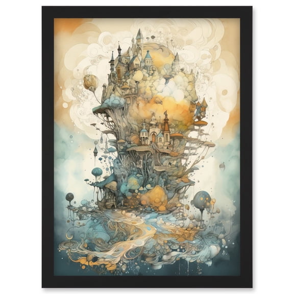 City in the Clouds Pastel Colour Concept Art Modern Watercolour Painting Artwork Framed Wall Art Print A4