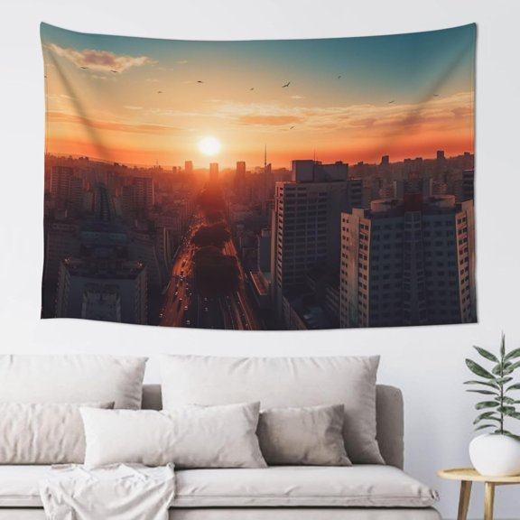 City in the Sunset Boho Wall Tapestry, Vertical Aesthetic Wall Hanging, 60 x 40 Inch Vintage Decorative Poster Flag for Bedroom or Living Room Decor