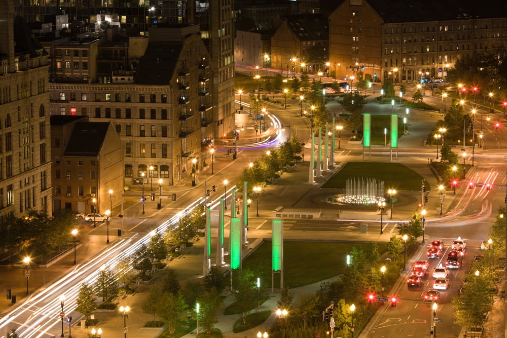 City lit up at dusk Atlantic Avenue Greenway Boston Massachusetts USA Canvas Art - Panoramic Images (36 x 12)