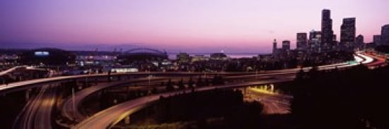 City lit up at dusk Seattle King County Washington State USA 2010 Canvas Art - Panoramic Images (36 x 12)