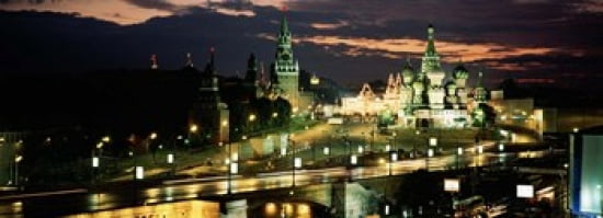 City lit up at night Red Square Kremlin Moscow Russia Canvas Art - Panoramic Images (36 x 13)