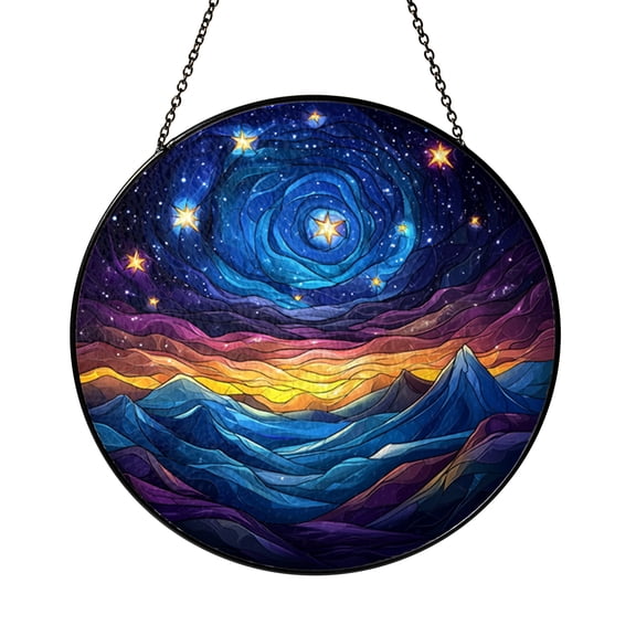 City night sky stained glass window hanging, enchanting star scene for cozy interiors