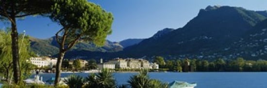 City on the waterfront Lake Lugano Lugano Switzerland Canvas Art - Panoramic Images (36 x 12)