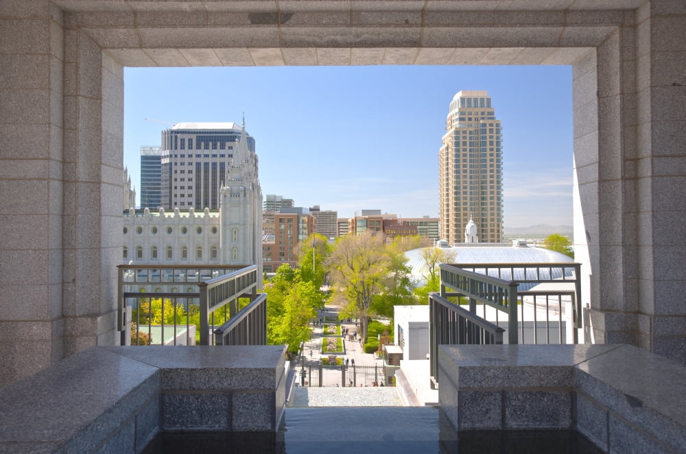 City seen through from a marble opening Salt Lake City Utah USA Canvas Art - Panoramic Images (24 x 36)