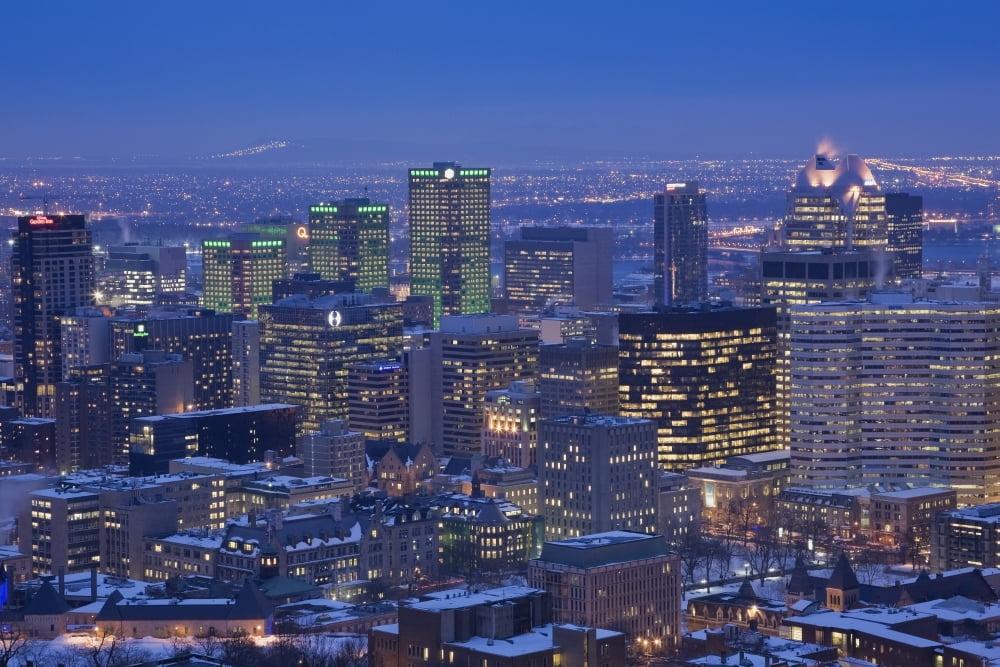 City skyline at dusk in winter from Mount Royal lookout Montreal Quebec Canada Canvas Art - Perry Mastrovito Design Pics (19 x 12)